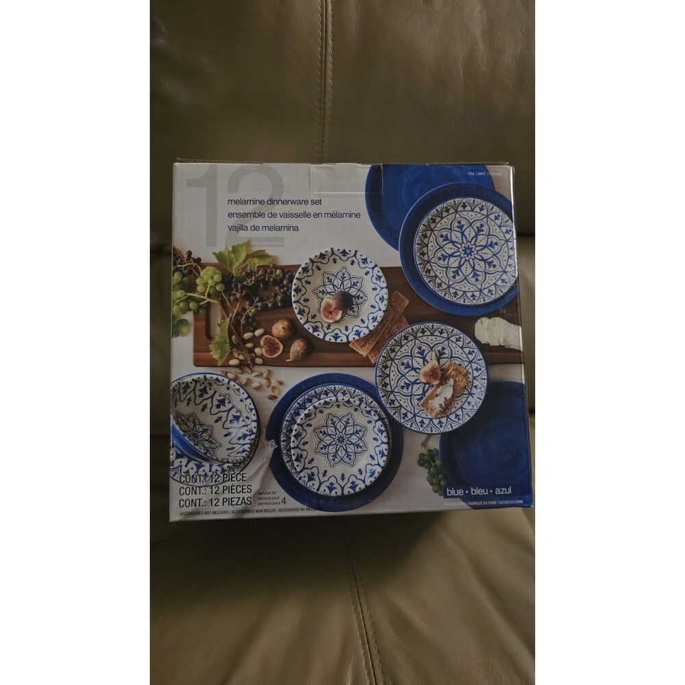 Pandex Melamine 12-Piece Dinnerware Set for 4, NEW, Dishwasher Safe Durable BLUE